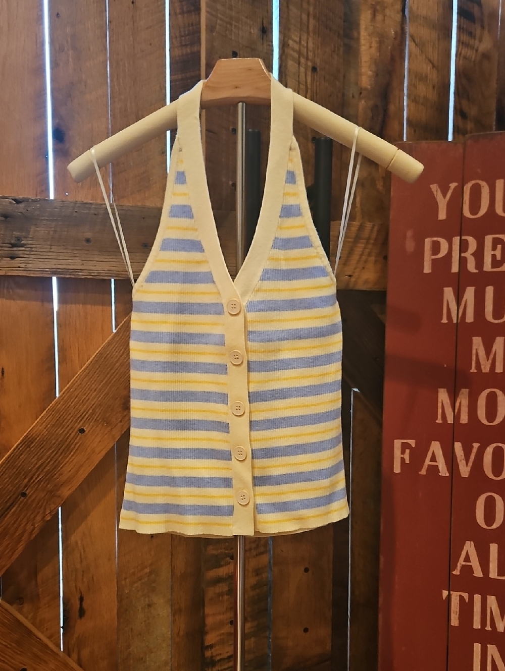 397 Le Lis Yellow & Light Blue Striped Halter Button-Front Knit Top